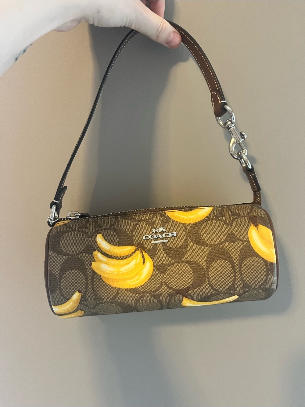 Coach Brown Signature Canvas Mini Bag with Yellow Banana Print